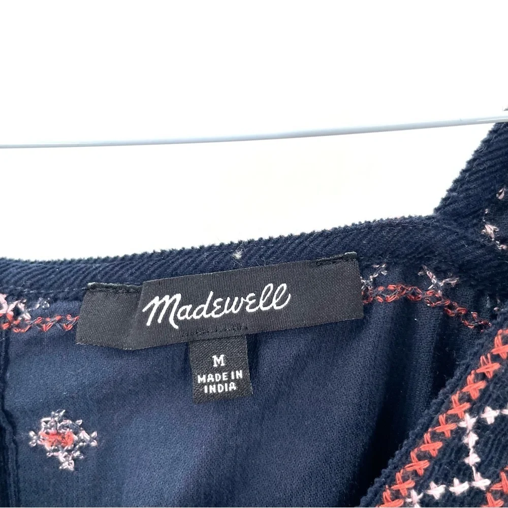 MADEWELL Embroidered Velvet Square Neck Corduroy Button-Back Peplum Boho Top